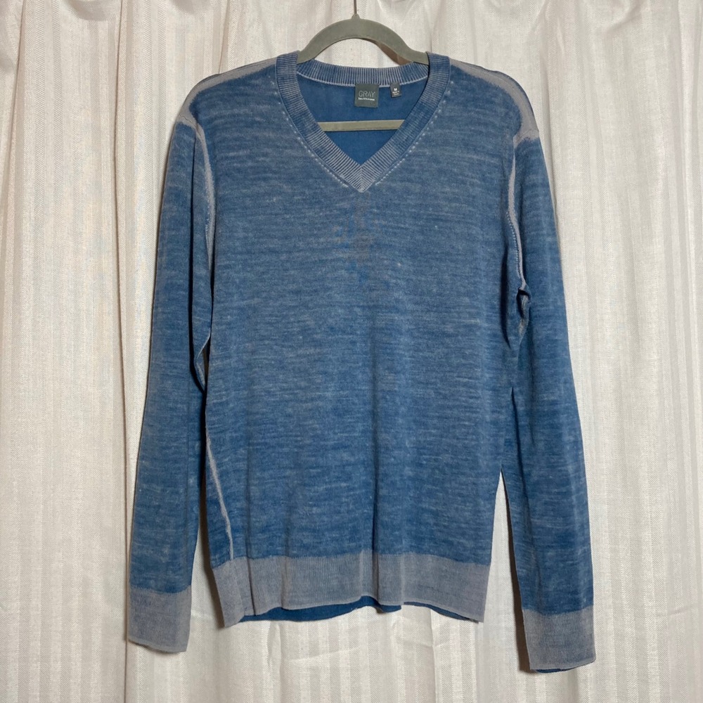 Gray Saks Fifth Avenue Mens Blue 100% Wool V-Neck Sweater M Old Money Minimalist